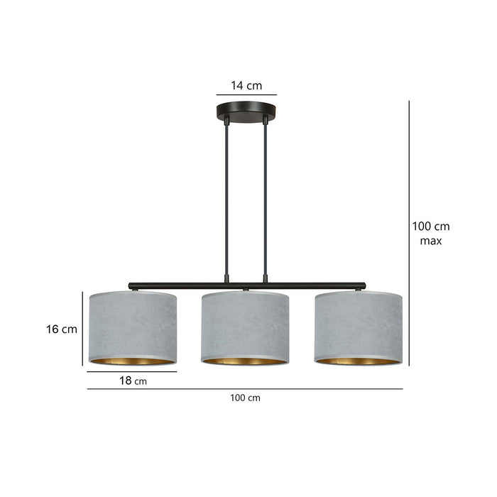 Lampadario 3 Luci Ganesha In Acciaio Nero E Paralumi In Tessuto Grigio