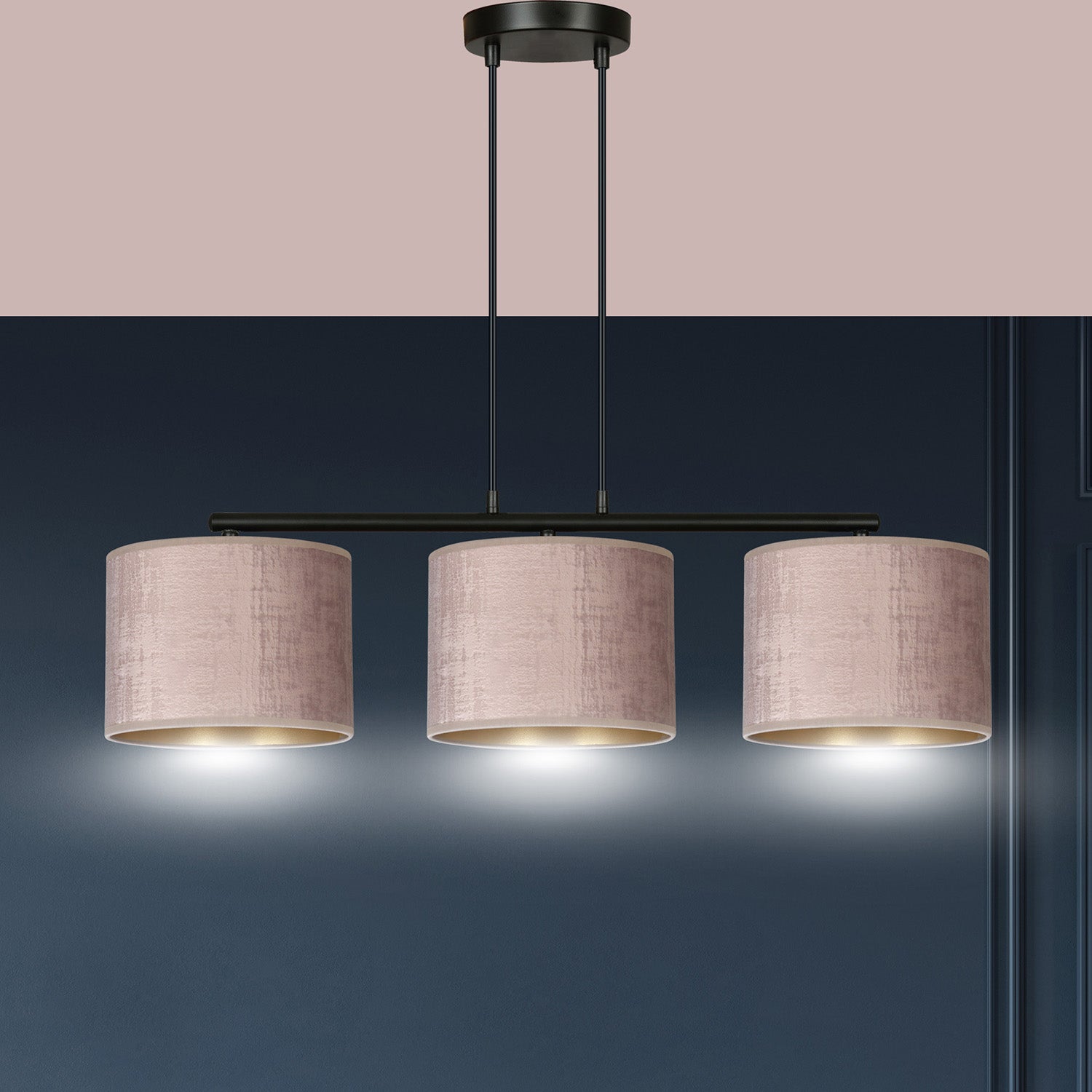 Lampadario 3 Luci Ganesha In Acciaio Nero E Paralumi In Tessuto Rosa