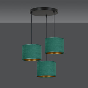 Lampadario Tondo 3 Luci Ganesha In Acciaio Nero E Paralumi In Tessuto Verde