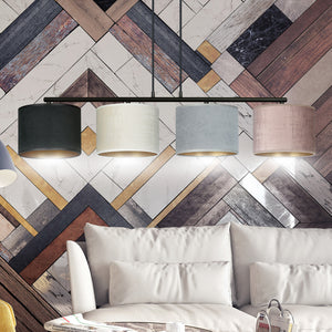 Lampadario 4 Luci Ganesha In Acciaio Nero E Paralumi In Tessuto Multicolore