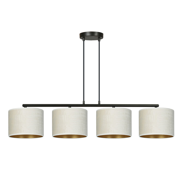 Lampadario 4 Luci Ganesha In Acciaio Nero E Paralumi In Tessuto Beige