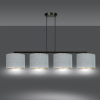 Lampadario 4 Luci Ganesha In Acciaio Nero E Paralumi In Tessuto Grigio