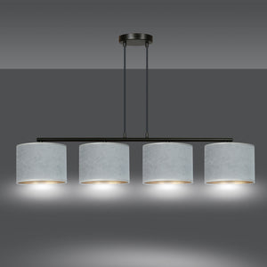 Lampadario 4 Luci Ganesha In Acciaio Nero E Paralumi In Tessuto Grigio