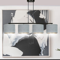 Lampadario 4 Luci Ganesha In Acciaio Nero E Paralumi In Tessuto Grigio