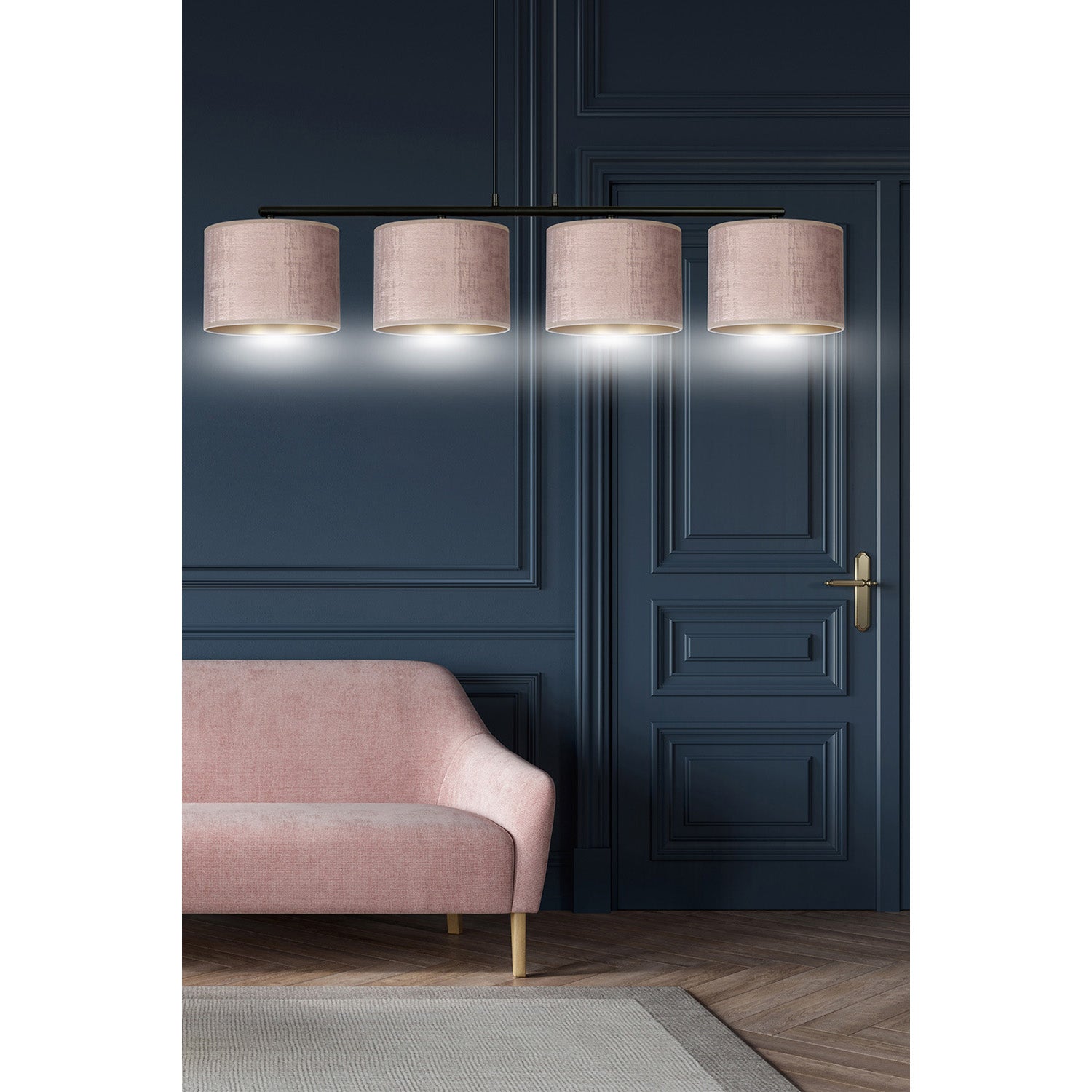 Lampadario 4 Luci Ganesha In Acciaio Nero E Paralumi In Tessuto Rosa