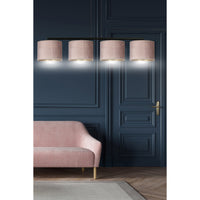 Lampadario 4 Luci Ganesha In Acciaio Nero E Paralumi In Tessuto Rosa