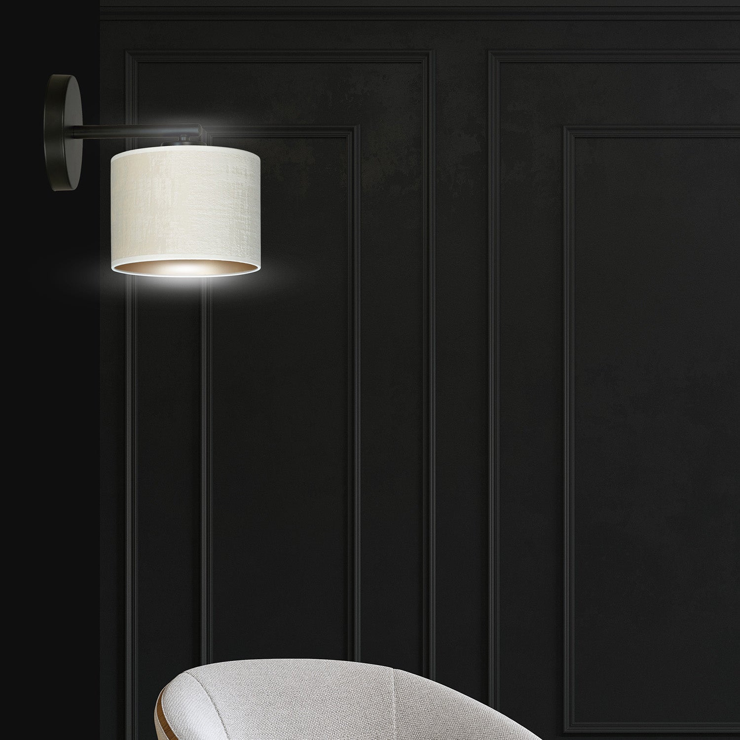 Applique 1 Luce Ganesha In Acciaio Nero E Paralume In Tessuto Beige