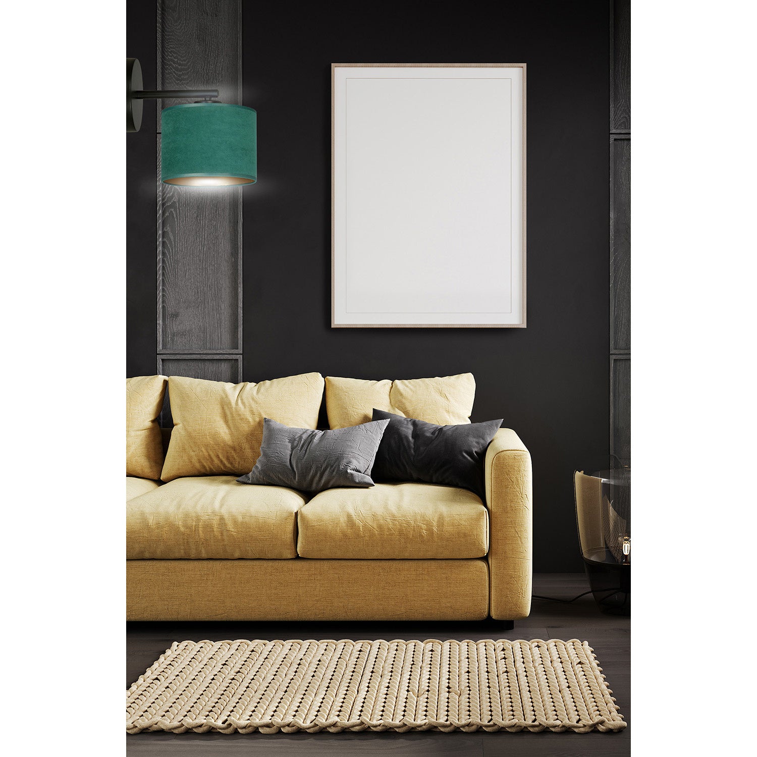 Applique 1 Luce Ganesha In Acciaio Nero E Paralume In Tessuto Verde