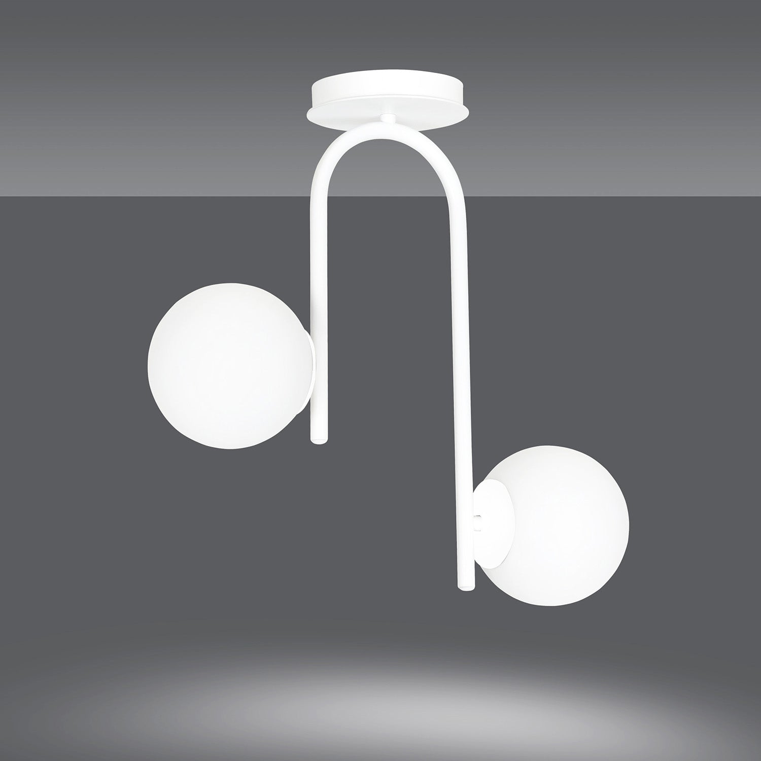 Lampadario 2 Luci Rama In Acciaio Bianco A Bracci E Sfere In Vetro Opalino