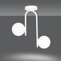 Lampadario 2 Luci Rama In Acciaio Bianco A Bracci E Sfere In Vetro Opalino