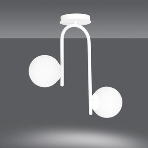 Lampadario 2 Luci Rama In Acciaio Bianco A Bracci E Sfere In Vetro Opalino