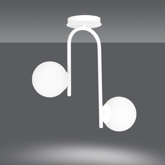 Lampadario 2 Luci Rama In Acciaio Bianco A Bracci E Sfere In Vetro Opalino