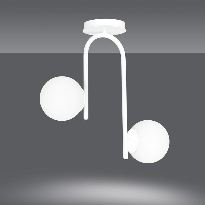 Lampadario 2 Luci Rama In Acciaio Bianco A Bracci E Sfere In Vetro Opalino