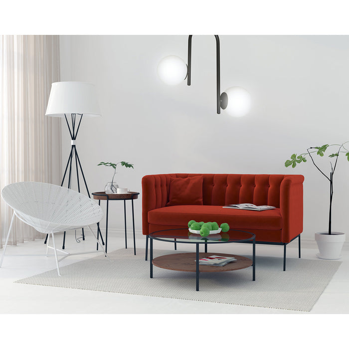 Lampadario 2 Luci Rama In Acciaio Nero A Bracci E Sfere In Vetro Opalino