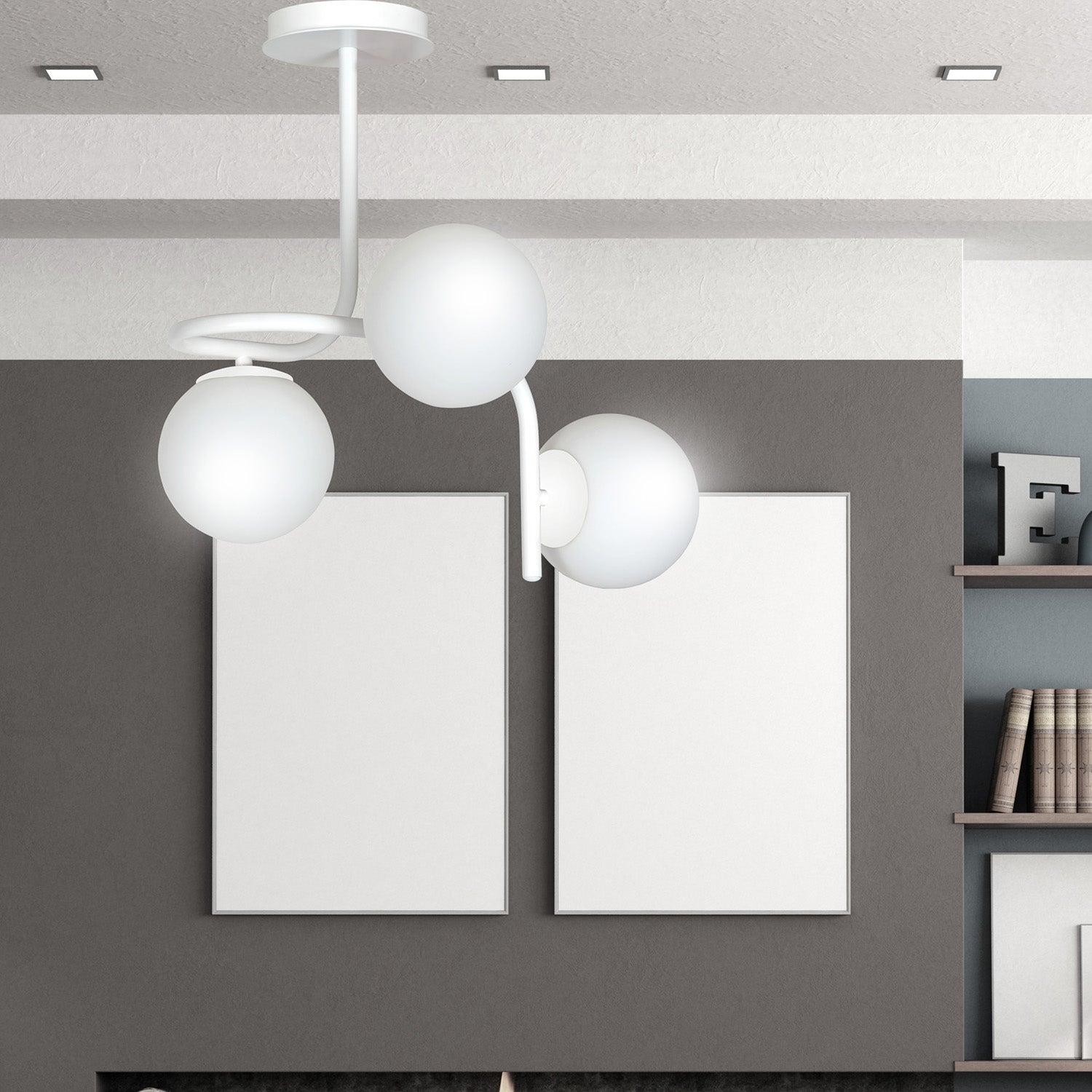 Lampadario 3 Luci Rama In Acciaio Bianco A Bracci E Sfere In Vetro Opalino