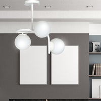 Lampadario 3 Luci Rama In Acciaio Bianco A Bracci E Sfere In Vetro Opalino