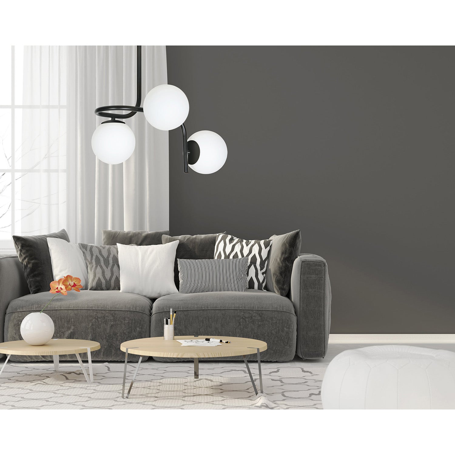 Lampadario 3 Luci Rama In Acciaio Nero A Bracci E Sfere In Vetro Opalino