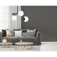 Lampadario 3 Luci Rama In Acciaio Nero A Bracci E Sfere In Vetro Opalino