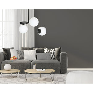 Lampadario 3 Luci Rama In Acciaio Nero A Bracci E Sfere In Vetro Opalino