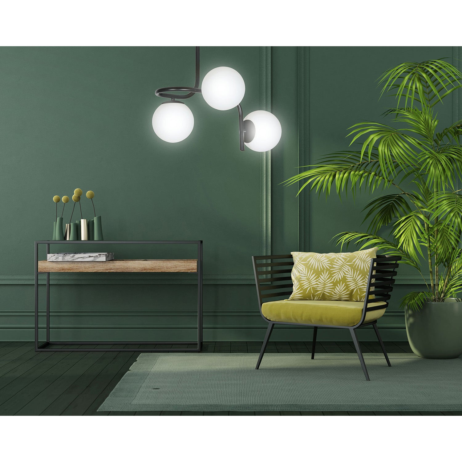 Lampadario 3 Luci Rama In Acciaio Nero A Bracci E Sfere In Vetro Opalino