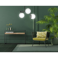 Lampadario 3 Luci Rama In Acciaio Nero A Bracci E Sfere In Vetro Opalino