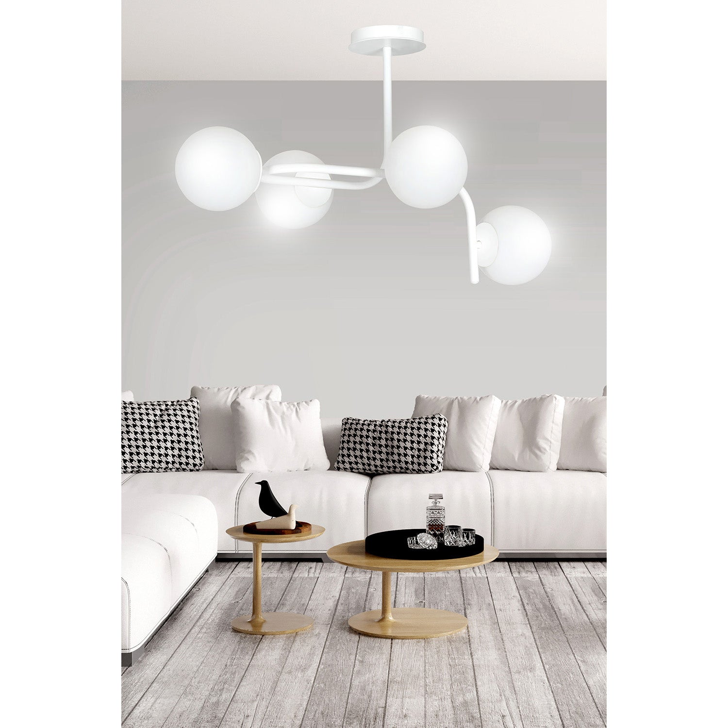 Lampadario 4 Luci Rama In Acciaio Bianco A Bracci Curvi E Sfere In Vetro Opalino