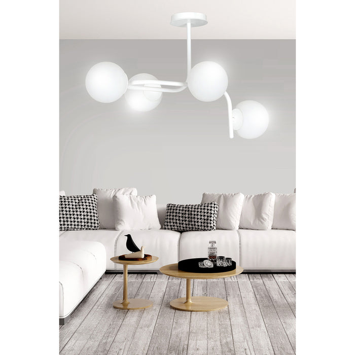 Lampadario 4 Luci Rama In Acciaio Bianco A Bracci Curvi E Sfere In Vetro Opalino