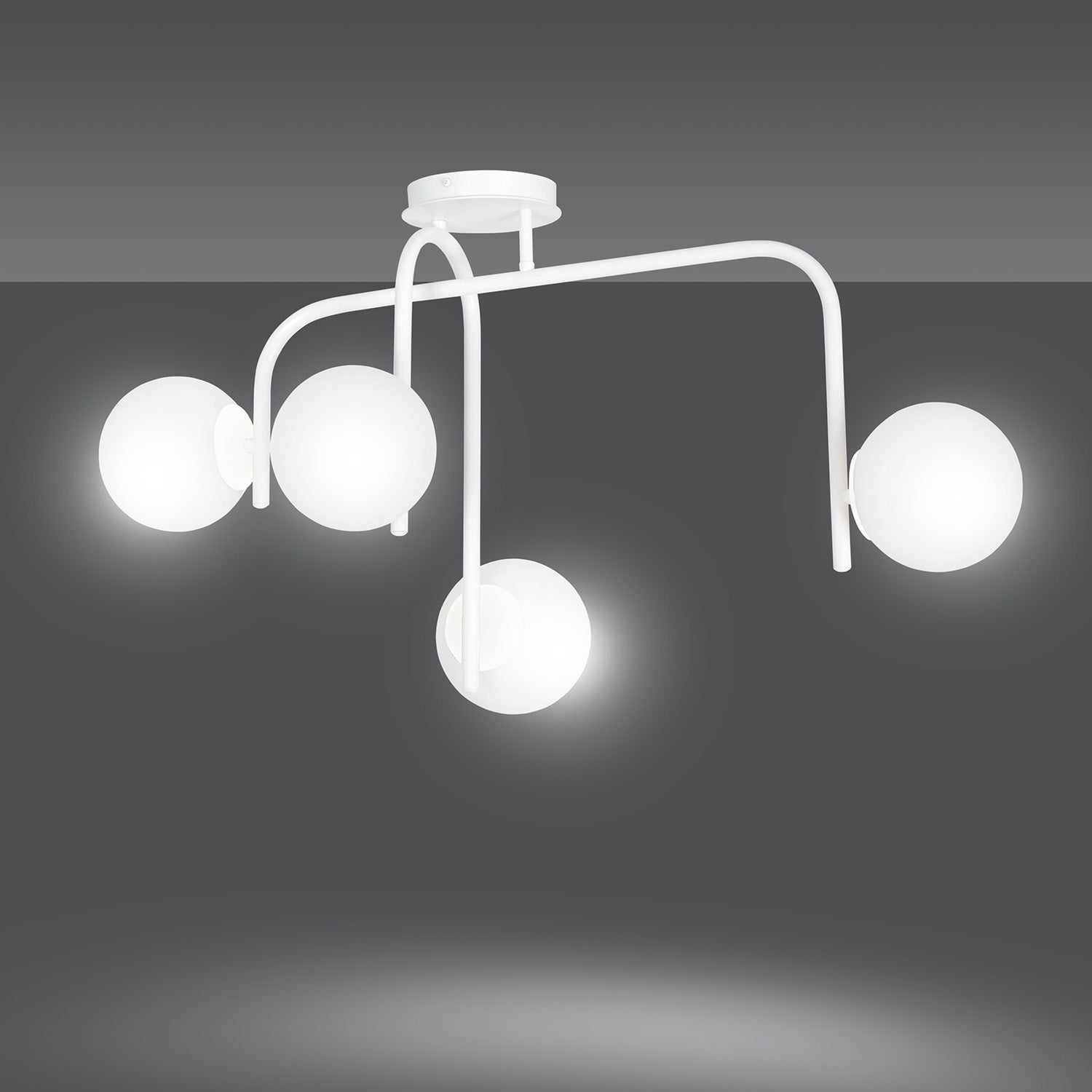 Lampadario 4 Luci Rama In Acciaio Bianco A Bracci E Sfere In Vetro Opalino