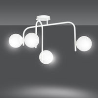 Lampadario 4 Luci Rama In Acciaio Bianco A Bracci E Sfere In Vetro Opalino