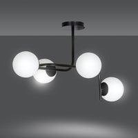 Lampadario 4 Luci Rama In Acciaio Nero A Bracci Curvi E Sfere In Vetro Opalino