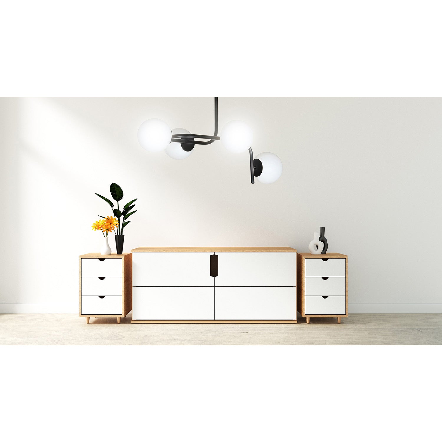 Lampadario 4 Luci Rama In Acciaio Nero A Bracci Curvi E Sfere In Vetro Opalino