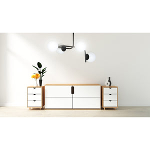 Lampadario 4 Luci Rama In Acciaio Nero A Bracci Curvi E Sfere In Vetro Opalino