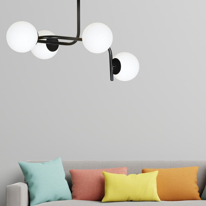 Lampadario 4 Luci Rama In Acciaio Nero A Bracci Curvi E Sfere In Vetro Opalino