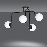 Lampadario 4 Luci Rama In Acciaio Nero A Bracci E Sfere In Vetro Opalino