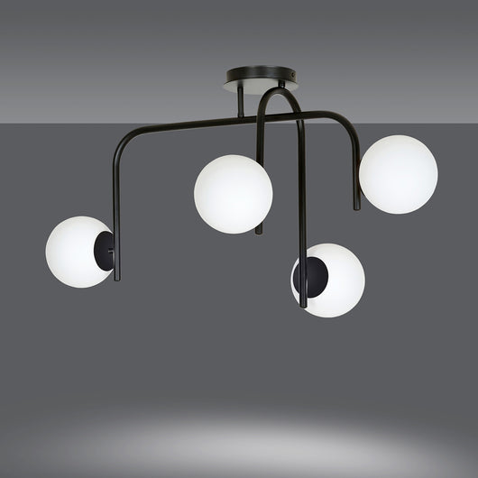 Lampadario 4 Luci Rama In Acciaio Nero A Bracci E Sfere In Vetro Opalino