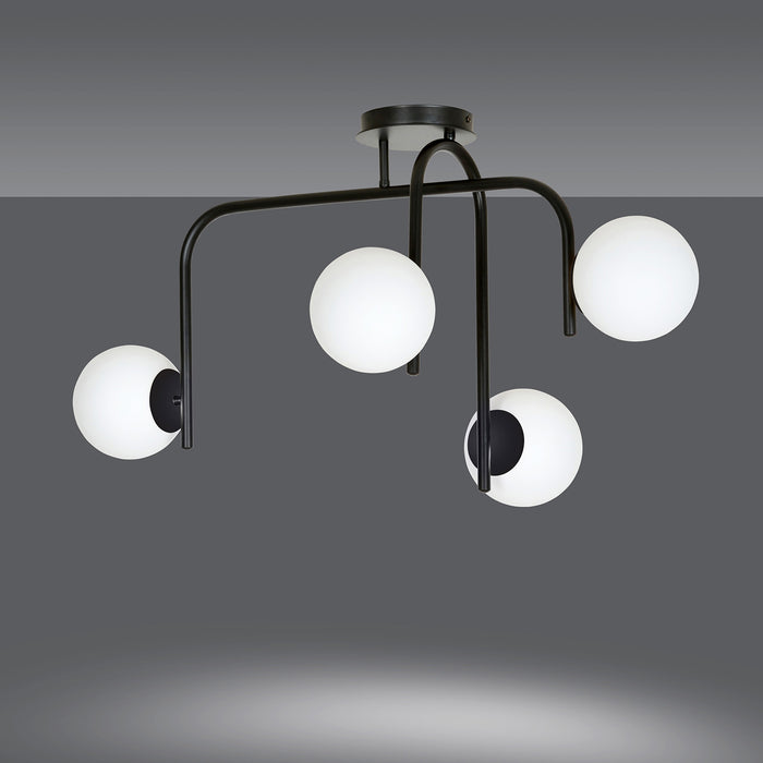 Lampadario 4 Luci Rama In Acciaio Nero A Bracci E Sfere In Vetro Opalino