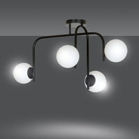 Lampadario 4 Luci Rama In Acciaio Nero A Bracci E Sfere In Vetro Opalino