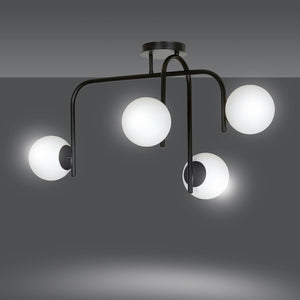 Lampadario 4 Luci Rama In Acciaio Nero A Bracci E Sfere In Vetro Opalino