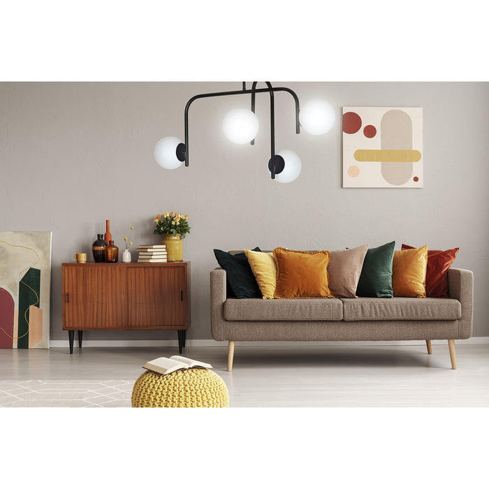 Lampadario 4 Luci Rama In Acciaio Nero A Bracci E Sfere In Vetro Opalino