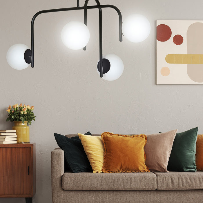 Lampadario 4 Luci Rama In Acciaio Nero A Bracci E Sfere In Vetro Opalino