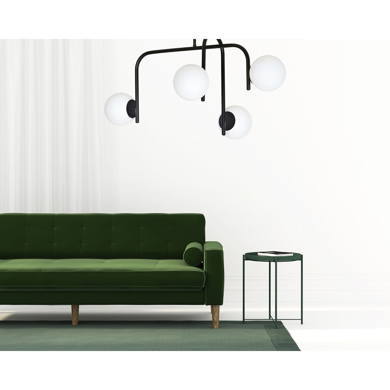 Lampadario 4 Luci Rama In Acciaio Nero A Bracci E Sfere In Vetro Opalino