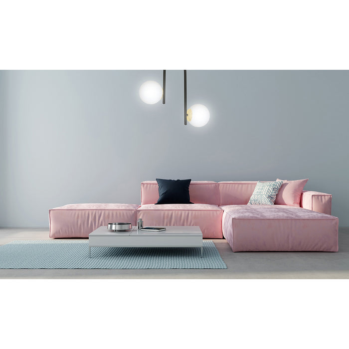 Lampadario 2 Luci Kalf In Acciaio Nero A Bracci E Sfere In Vetro Opalino E Oro