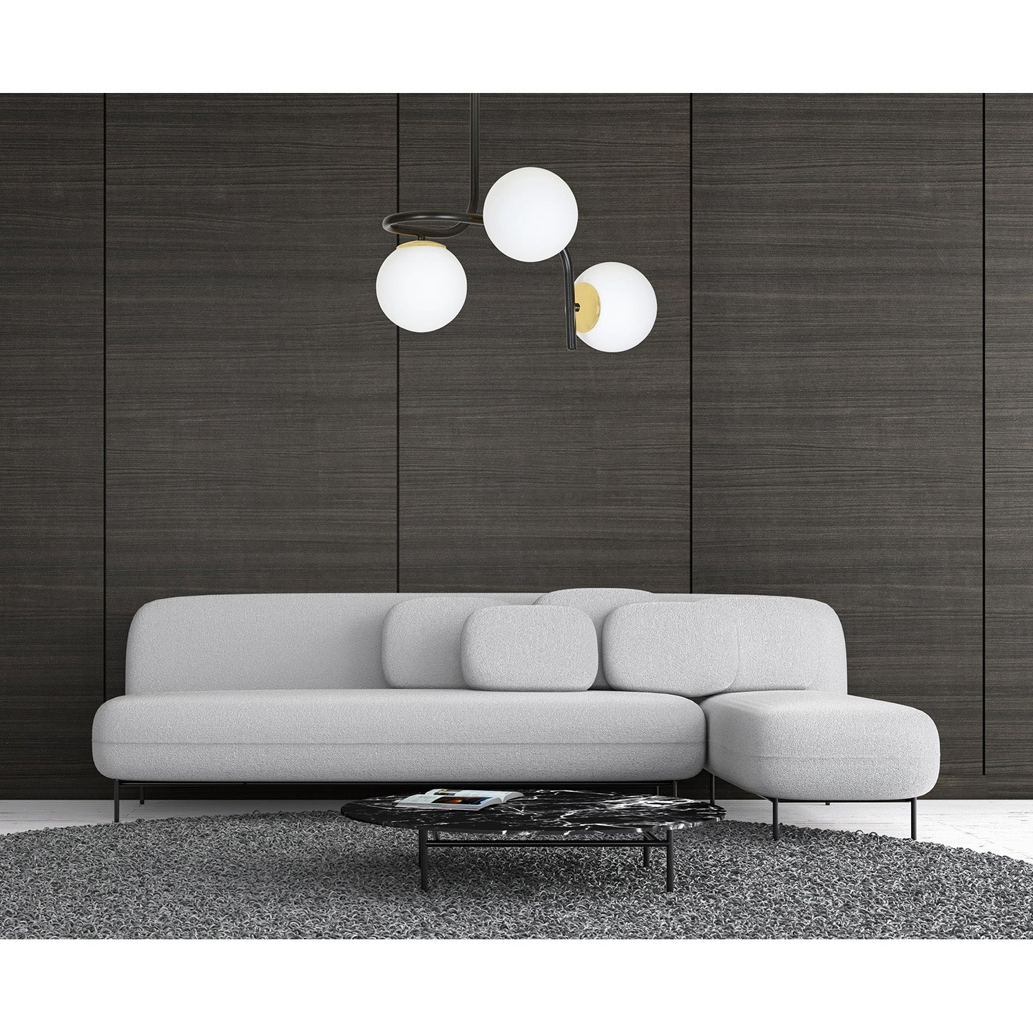 Lampadario 3 Luci Kalf In Acciaio Nero A Bracci E Sfere In Vetro Opalino E Oro