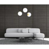 Lampadario 3 Luci Kalf In Acciaio Nero A Bracci E Sfere In Vetro Opalino E Oro