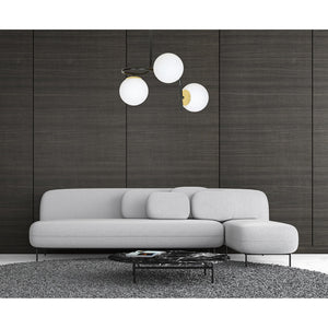 Lampadario 3 Luci Kalf In Acciaio Nero A Bracci E Sfere In Vetro Opalino E Oro