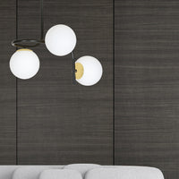 Lampadario 3 Luci Kalf In Acciaio Nero A Bracci E Sfere In Vetro Opalino E Oro