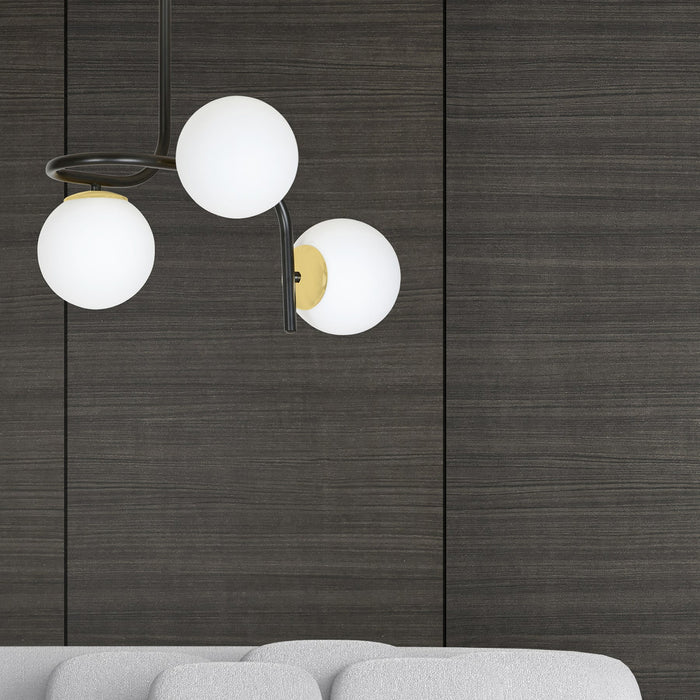 Lampadario 3 Luci Kalf In Acciaio Nero A Bracci E Sfere In Vetro Opalino E Oro