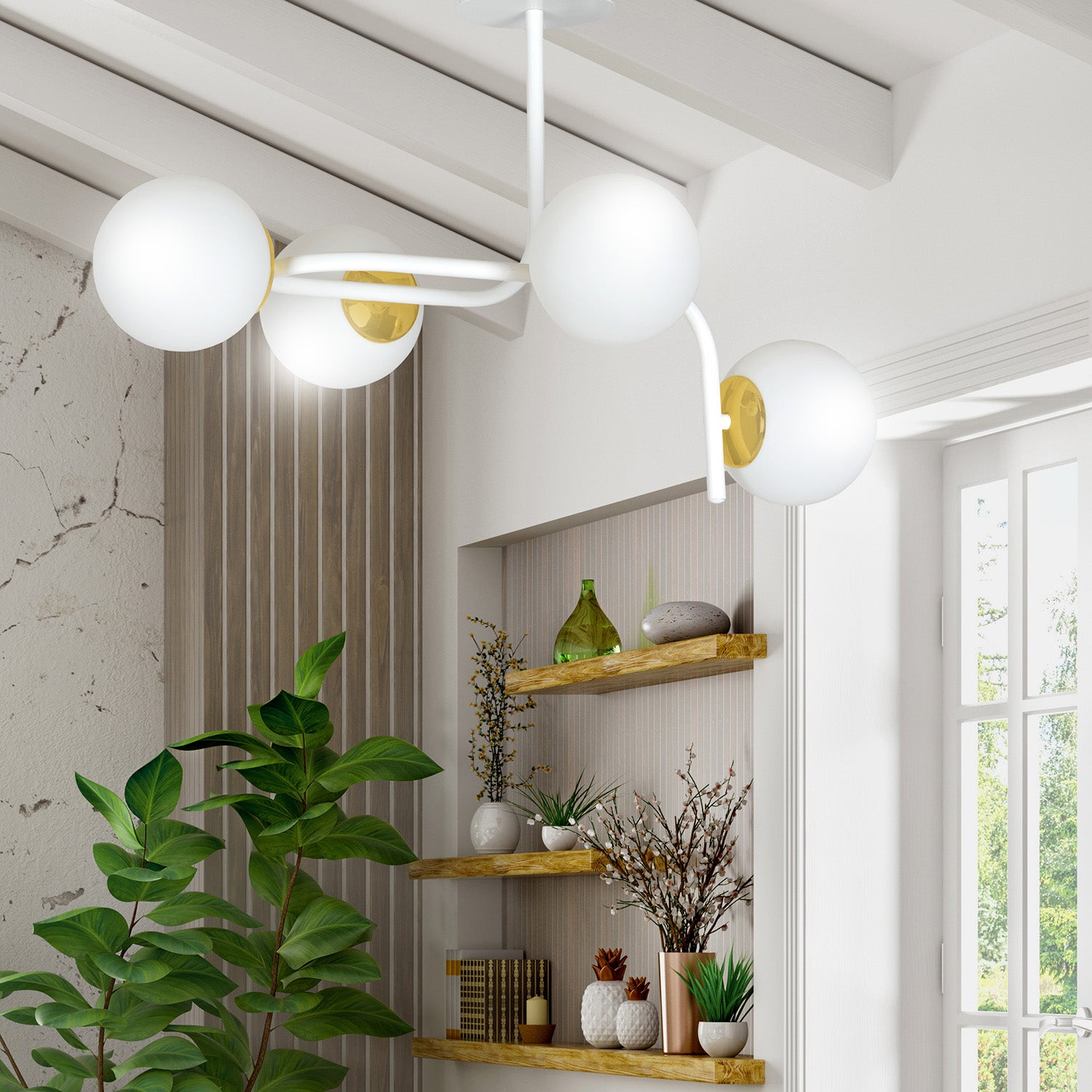 Lampadario 4 Luci Kalf Acciaio Bianco A Bracci Curvi E Sfere Vetro Opalino E Oro