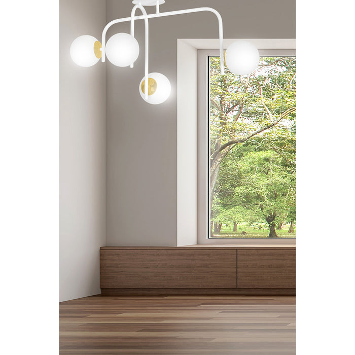 Lampadario 4 Luci Kalf In Acciaio Bianco A Bracci E Sfere In Vetro Opalino E Oro