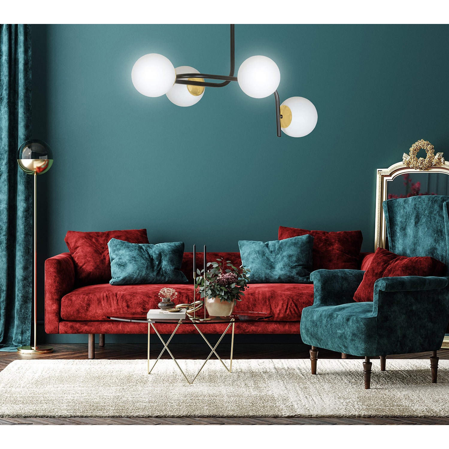 Lampadario 4 Luci Kalf Acciaio Nero A Bracci Curvi E Sfere Vetro Opalino E Oro